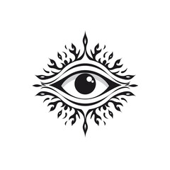 Intricate design featuring an eye with stylized flames in black and white