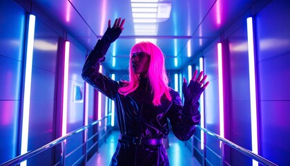 Surrounded by metallic surfaces and reflections.  