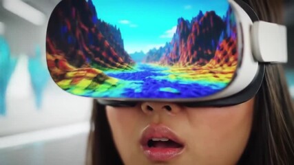 Young man using virtual reality with surprised expression.