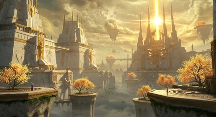 Futuristic Fantasy Cityscape with Tall Spires Floating Islands Autumn Trees Golden Sunset
