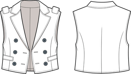 Double breasted sleeveless vest, lapel collar, front buttons, pocket flap detail, tailored fit, fashion sketch, vector flat, CAD drawing
