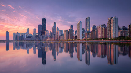 Stunning Chicago Skyline at Sunrise with Reflective Water Surface