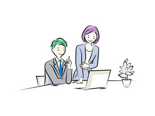 Obraz premium パソコンを見ながら打ち合わせするビジネスパーソン達｜ビジネスイラストシリーズ
