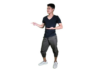 Stylish Young Man Gesturing with Open Hand to Present Product