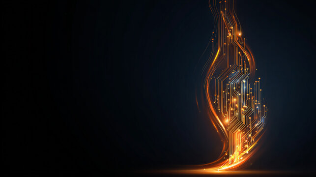 vector design of AI-generated digital flame composed of circuit board patterns and light streaks