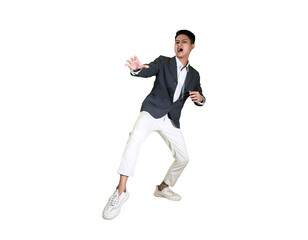 A young man in a blazer and white pants recoils in shock, shouting with a terrified expression.