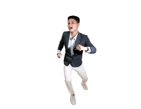 Energetic young male in motion, running forward with a big smile, symbolizing freedom, enthusiasm, and motivation