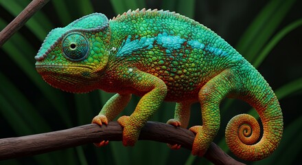 Obraz premium Colorful Chameleon Perched on Branch in Natural Environment