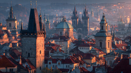 Obraz premium Stunning Sunrise Over Prague Cityscape with Iconic Architecture