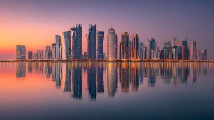 Stunning Doha Skyline at Sunset with Reflection in Water
