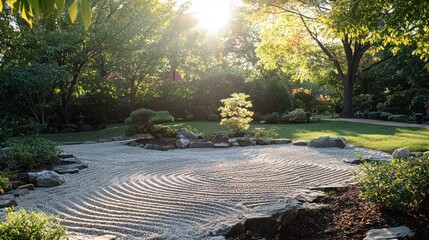 Tranquil Zen garden with raked sand patterns