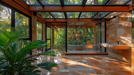 Tropical bathroom oasis with glass roof