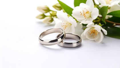 Two wedding rings nestled amongst white flowers