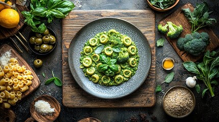 Pasta dish with pesto sauce, broccoli and basil