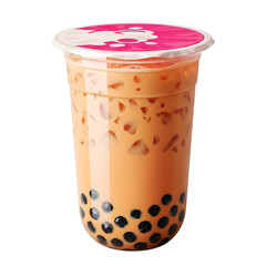 Iced Bubble Tea in a Plastic Cup with Pink Lid.