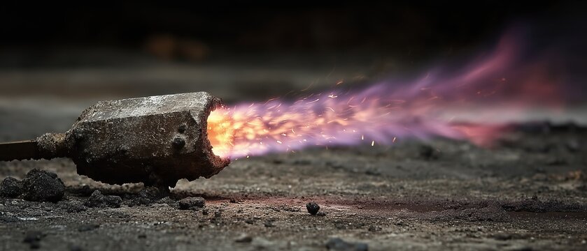 A worn industrial torch shoots out purple and orange flames, creating sparks against a gritty, dark ground surface.