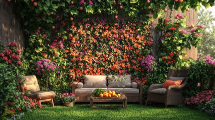 Outdoor garden seating area. Lush floral wall, comfortable seating, and a relaxing atmosphere