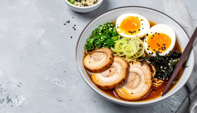 miso ramen bowl with chasu, egg, daikon, copyspace 