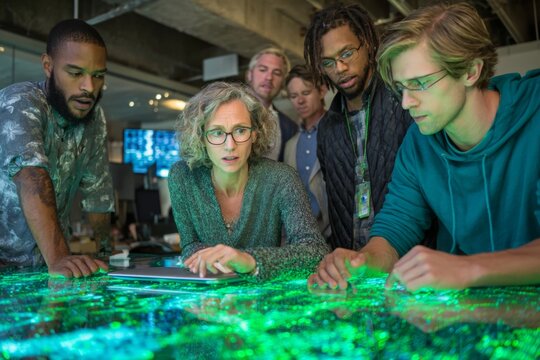 Holographic collaboration in cybersecurity teams. Digital threats. Innovative cyber solutions for global business security challenges. Cyber consulting. Secure cloud.