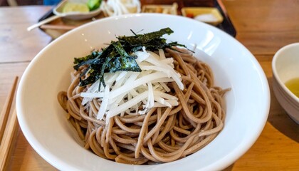 Oroshi Soba, Japanese Chilled Buckwheat Noodles Topped With Grated Daikon Radish Is Eaten With Soba. 