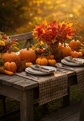 Rustic Autumn Thanksgiving Table Setting with Pumpkins