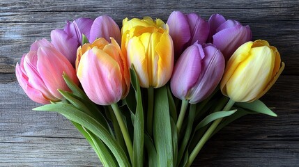A Bouquet of Colorful Tulips on Rustic Wood