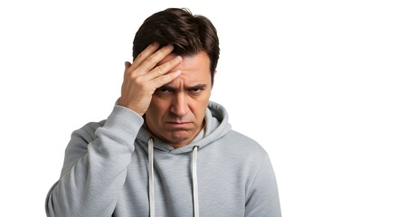 An adult man in a casual hoodie mimicking a dramatic thinking pose hand on forehead on a white background