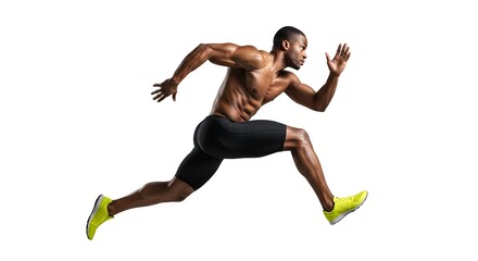An adult man in a running outfit posing as if leaping over a hurdle on a white background