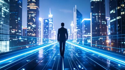 Business man walking in the middle of futuristic city technology smart city. 4k video - Powered by Adobe