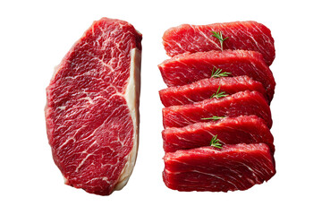 Fototapeta premium Raw beef steak and sliced steaks isolated on transparent background for culinary preparation
