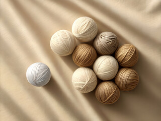 Natural fibers yarn balls arranged on textured fabric