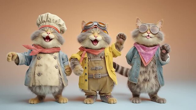 Three Cheerful Cats: Chef, Pilot, and Cool Cat Celebrate Together