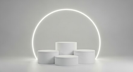 A minimalist white stage four cylindrical podiums arranged in a cluster