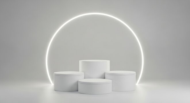 A minimalist white stage four cylindrical podiums arranged in a cluster