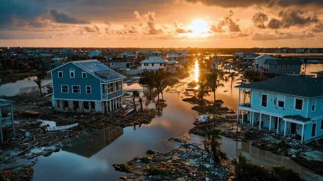 Flooded houses after a hurricane at sunset. Catastrophic damage and floodwater cover houses in coastal town after severe storm.