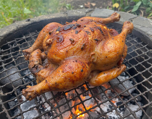 Whole chicken roasting on metal grill over hot burning charcoal.