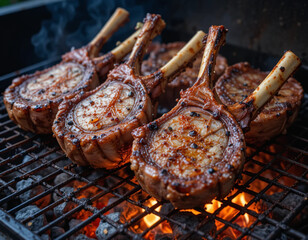 Tender lamb chops roasting on a metal grill with glowing coals underneath.