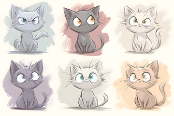 Fototapeta premium Cute Cartoon Cats with Unique Expressions in Soft Pastel Colors