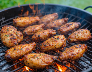 Seasoned chicken wings grilling over open charcoal fire during backyard BBQ.