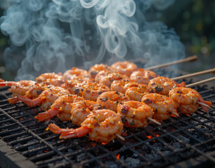 Juicy shrimp skewers cooking on a hot charcoal grill with smoke rising.