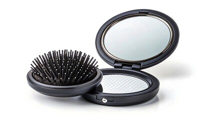 Black compact round hair brush with folding mirror for travel and daily grooming
