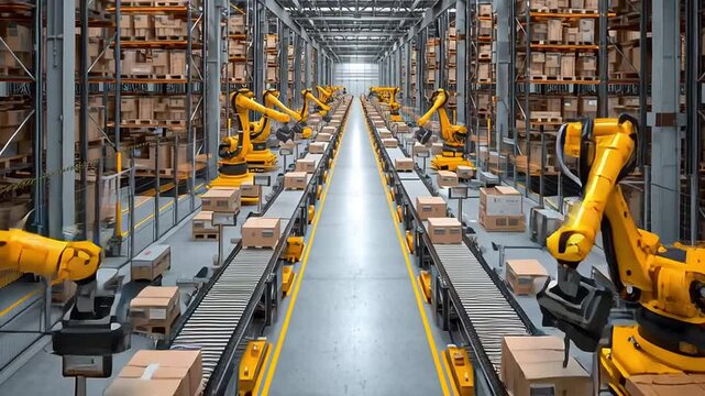 Advanced Robotics in a Large Automated Warehouse with Sorting System with ai generated