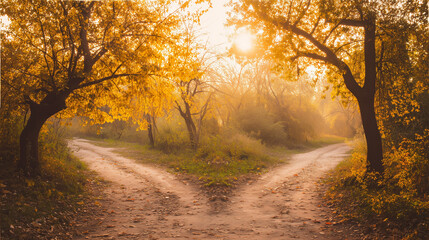 A forked path through a golden autumn forest, symbolizing life's choices under soft sunlight.