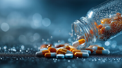 Glass bottle spills orange and white capsules onto reflective surface, creating dynamic and vibrant scene. image captures essence of pharmaceutical innovation and drug development
