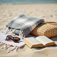 Woven Beach Bag with Towel, Book and Sunglasses on Sand