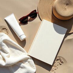 Woven Beach Bag with Towel, Book and Sunglasses on Sand