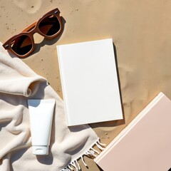 Woven Beach Bag with Towel, Book and Sunglasses on Sand