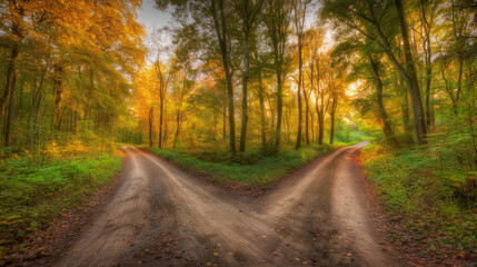 Naklejka premium A forked path through a golden autumn forest, symbolizing life's choices under soft sunlight.