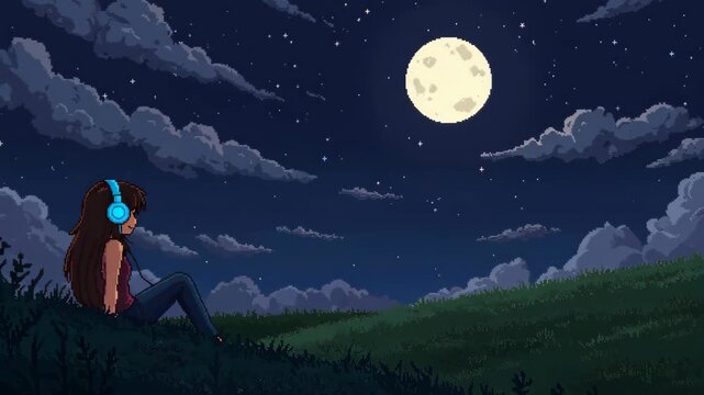 character using headphone relaxing on hills pixel art style landscape in night with moon and cloud