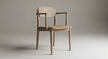 A light wooden chair with armrests stands in a studio with a neutral background casting a soft shadow